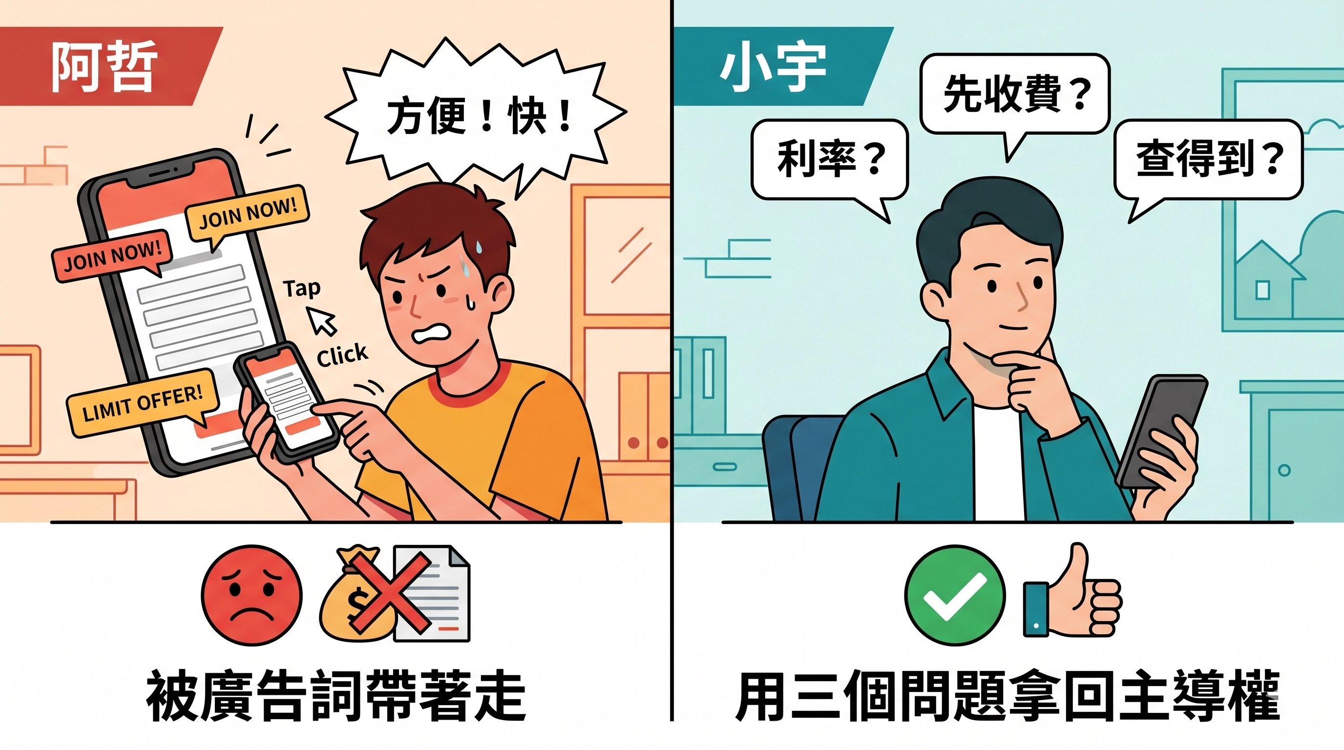兩個人看到同樣的線上撥款廣告，冷靜提問的人避開了陷阱